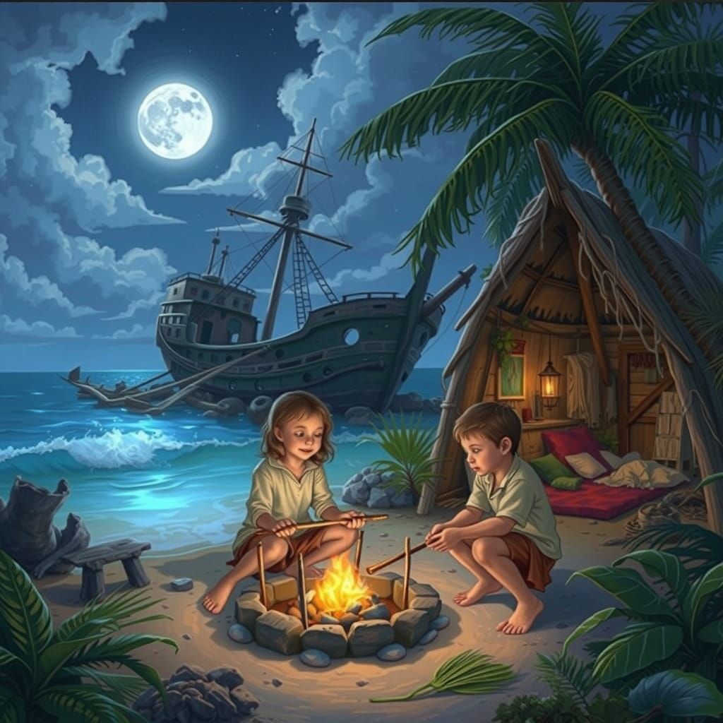 Children's Campfire on Lagoon Beach in Retro Sci-Fi Style