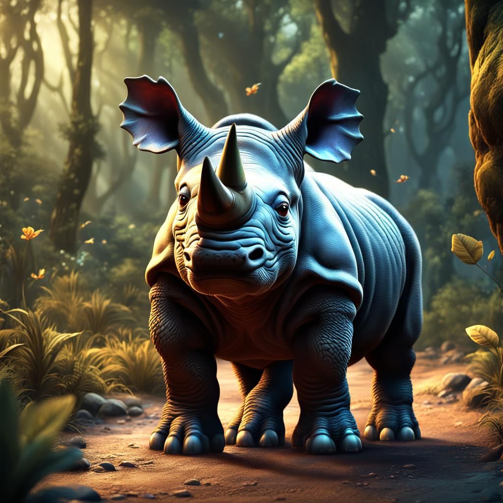 Cute Smiling Baby Rhino in Detailed Matte Painting
