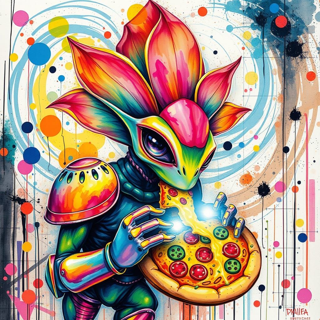 Alien Flower Creature Devouring Pizza in Dreamlike Art Style