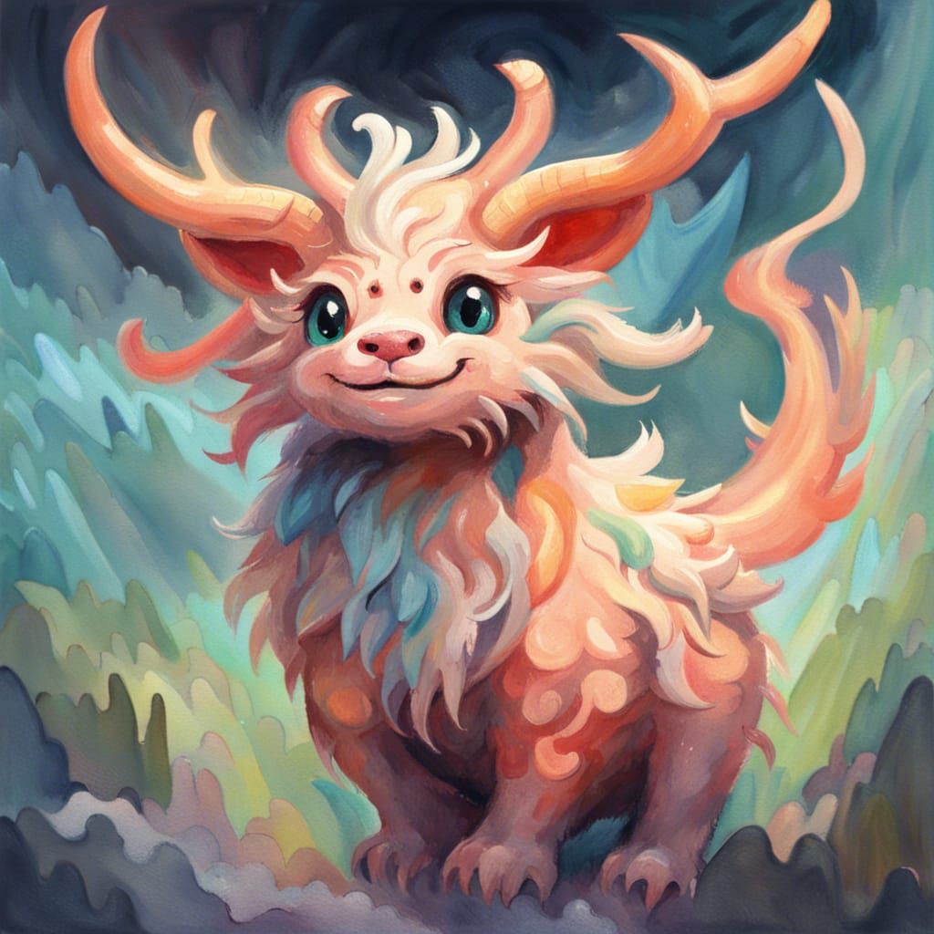 Fluffy Noodle Dragon with Deer Horns as Gouache Painting