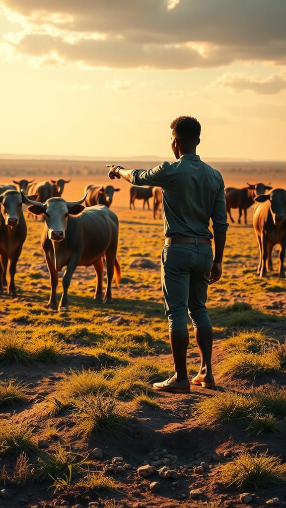 African Sunset Scene with Lovers Watching Cows in the Distan...
