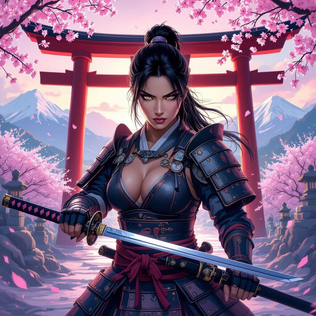 Warrior Woman at Torii Gate in Romantic Light