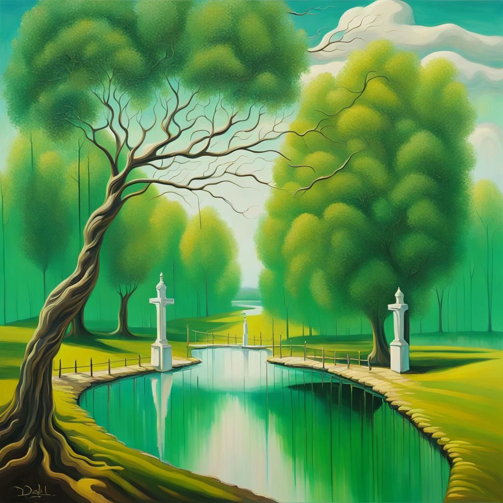Surreal Emerald Landscape with Melting Oil Effect