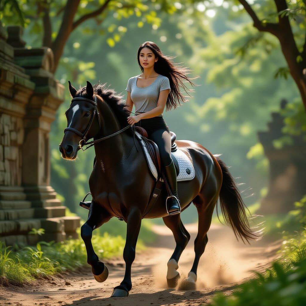 Southeast Asian Woman Rides Black Horse Through Forest