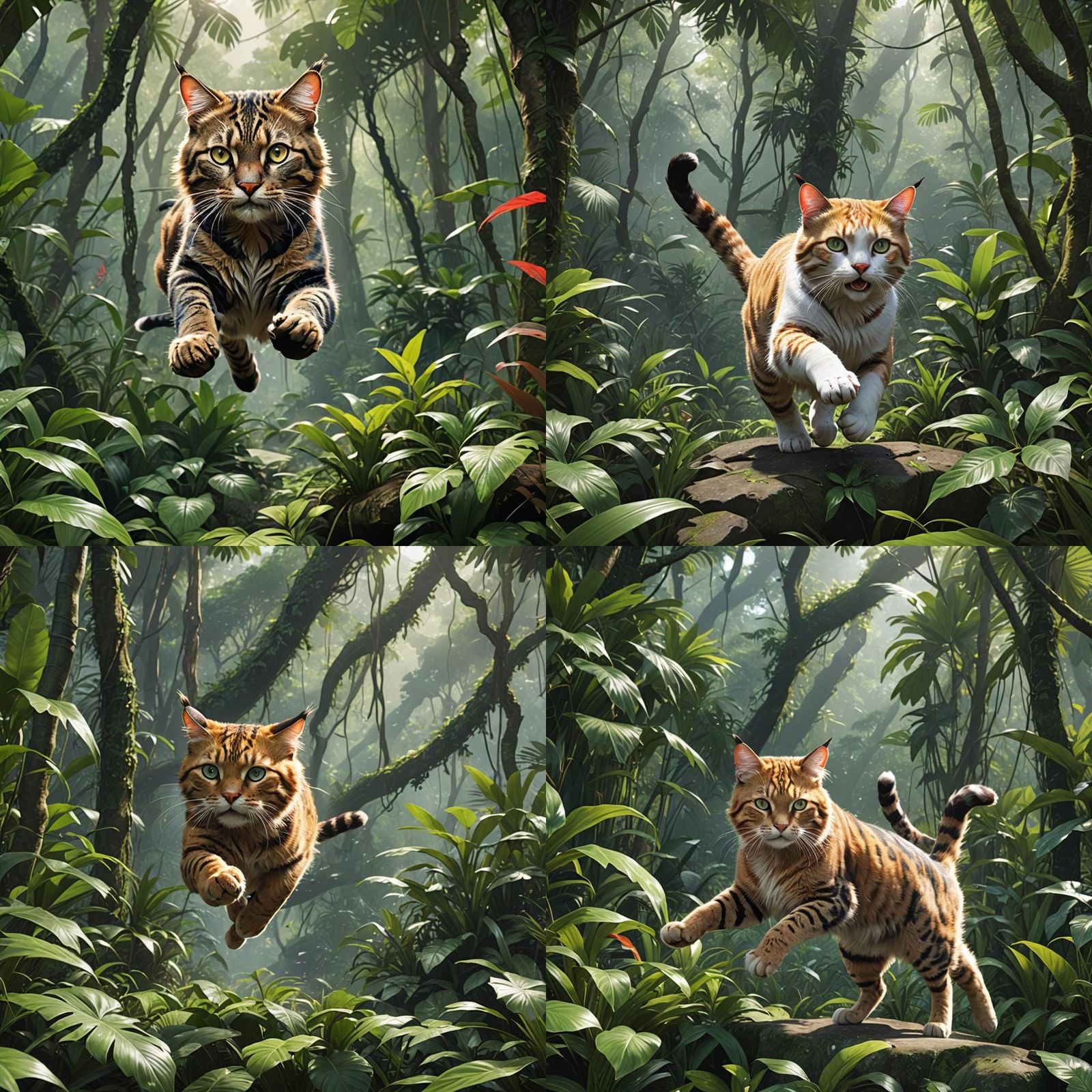 Hyperrealistic Cat Pouncing in Colorful Jungle, Anime Art