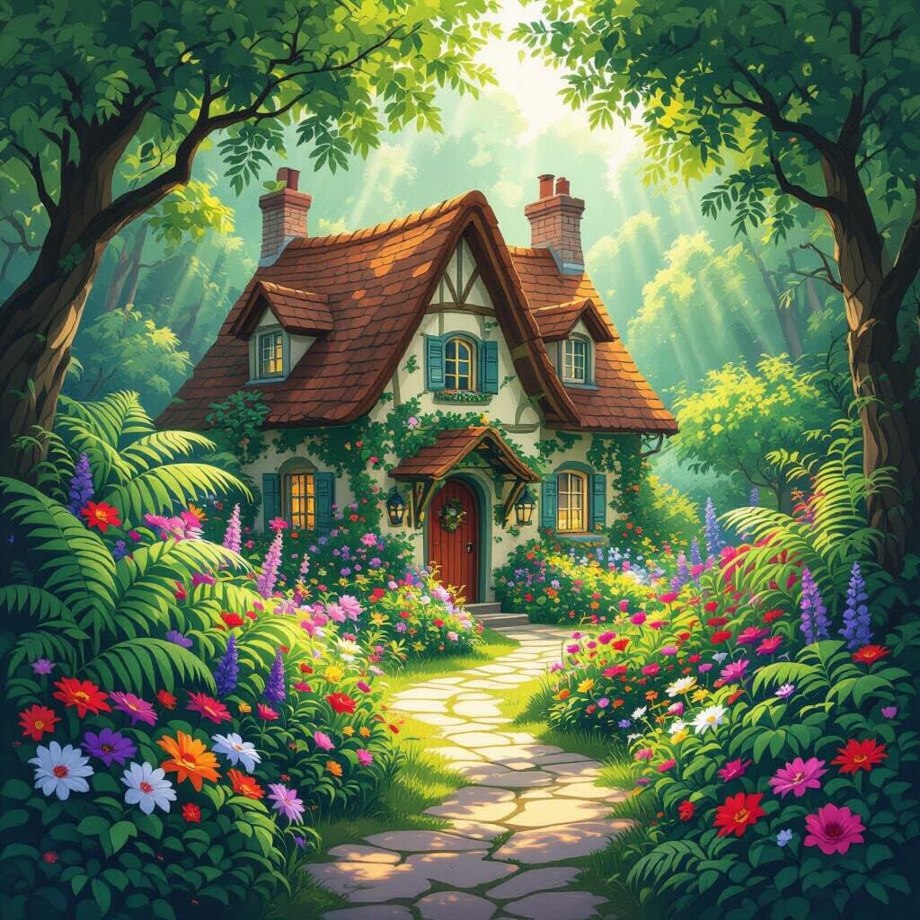 Whimsical Cottage Garden in Dappled Sunlight