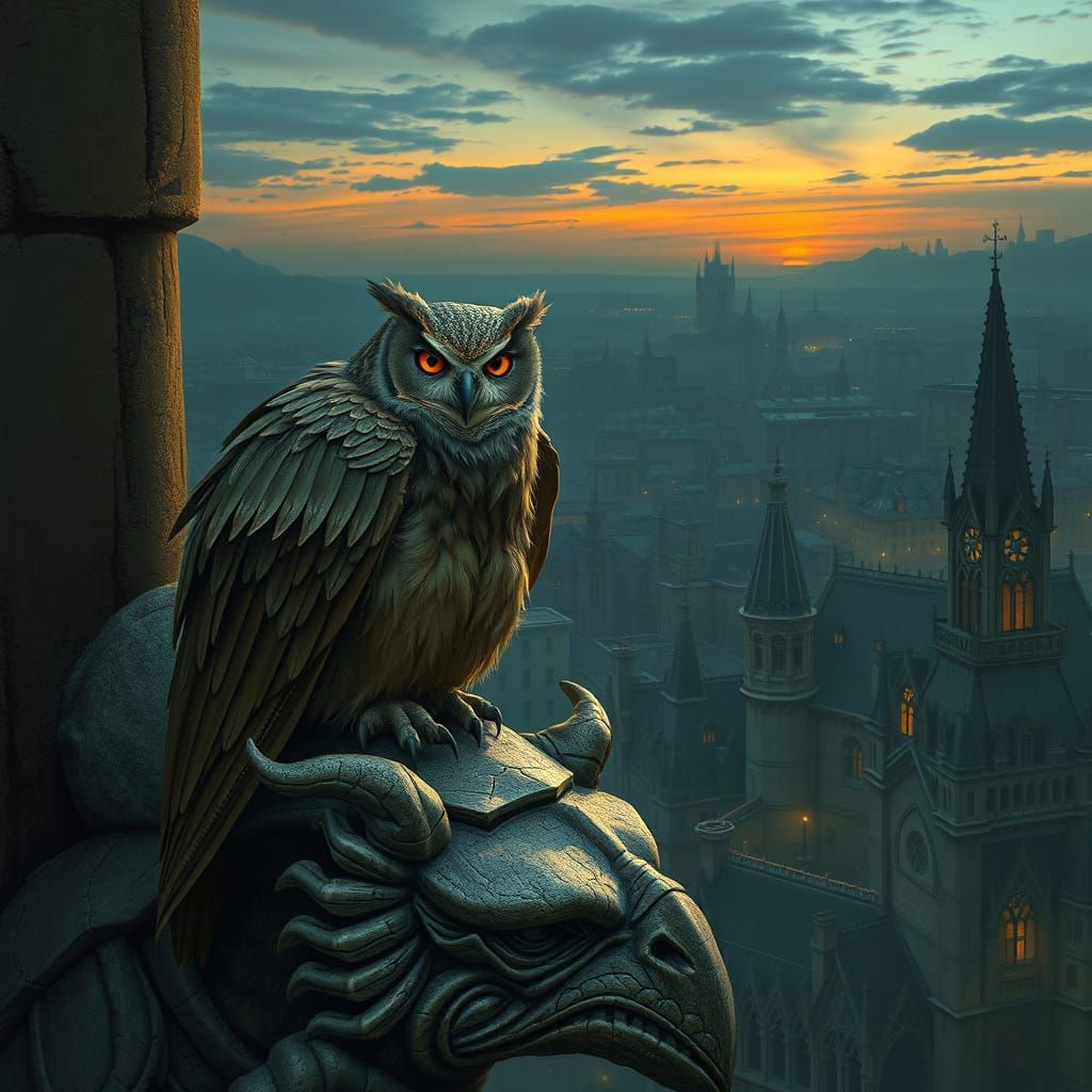 Owl on Gargoyle Overlooking Gothic City