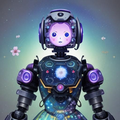 Robot in Floral Dress: Holographic Cosmic Illustration