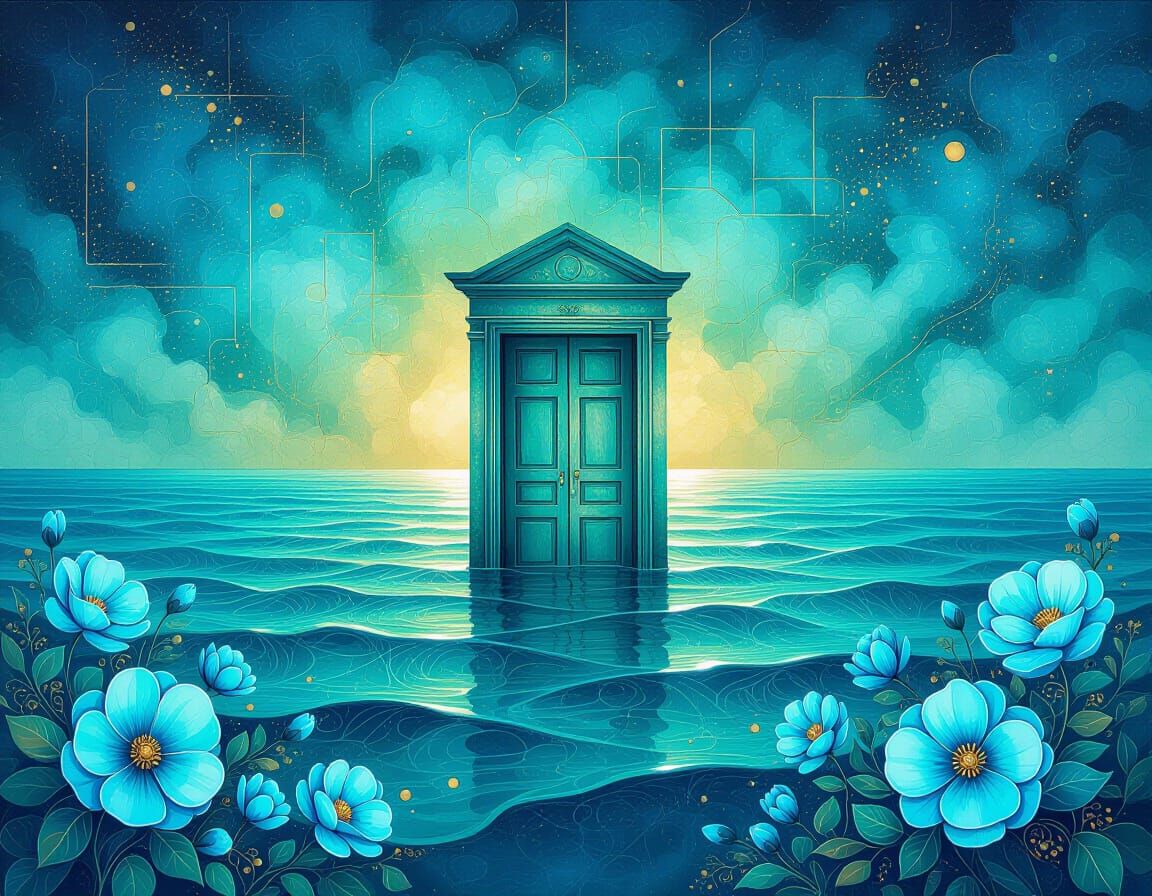 Surreal Ocean Door with Turquoise Flowers, in Digital Art St...