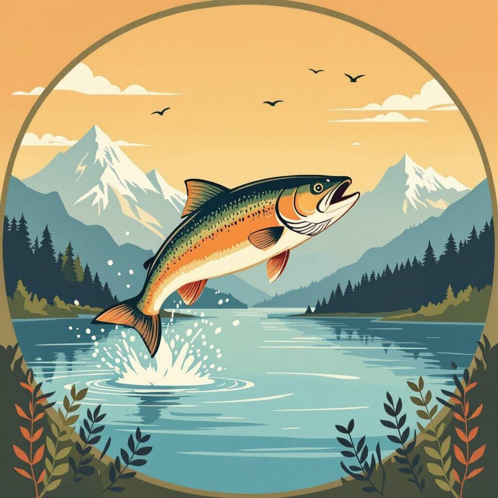 Fish Leaping from Lake in Charley Harper Style