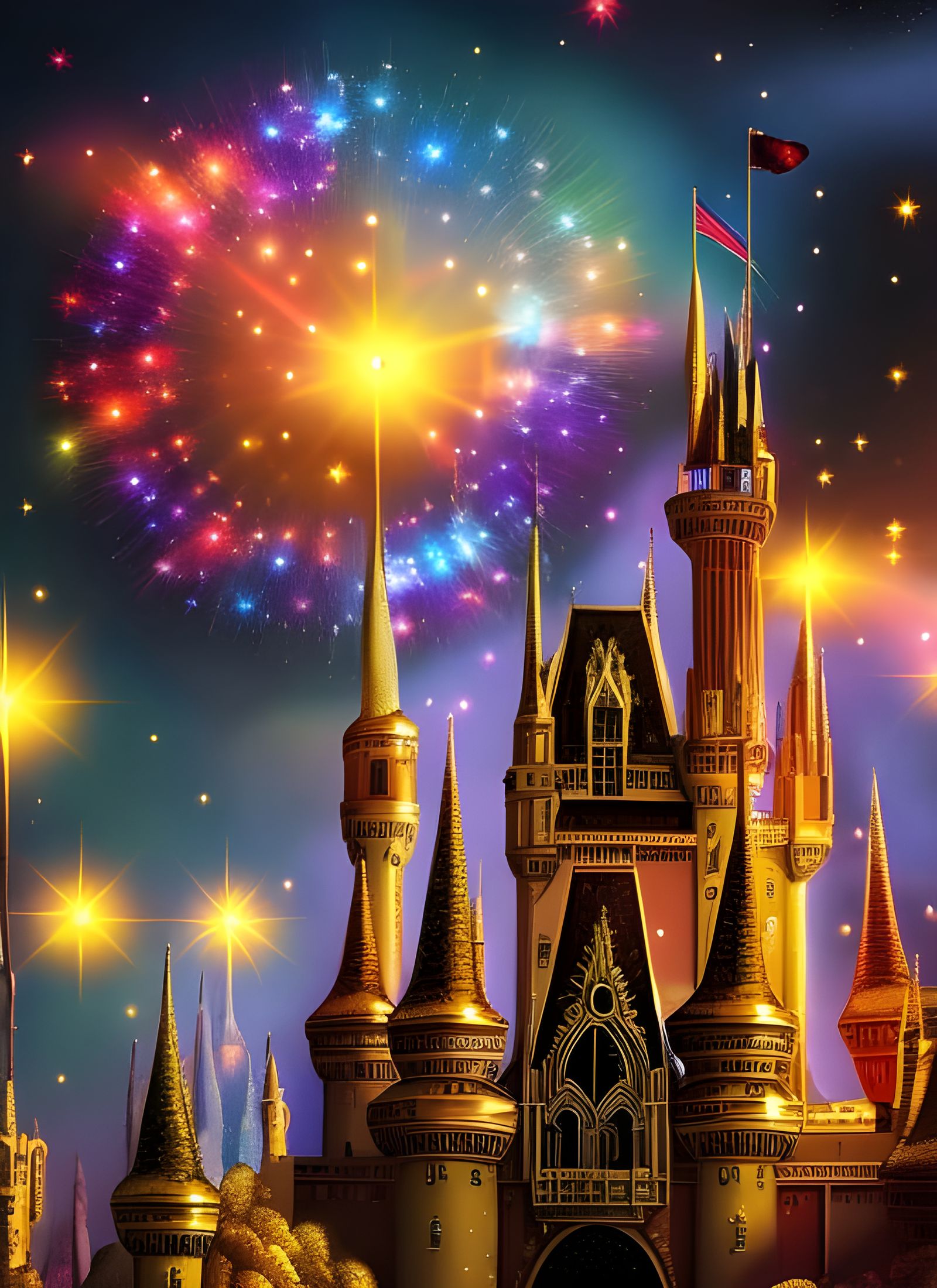 Ornate Castle with Glittering Fireworks in Rococo Style