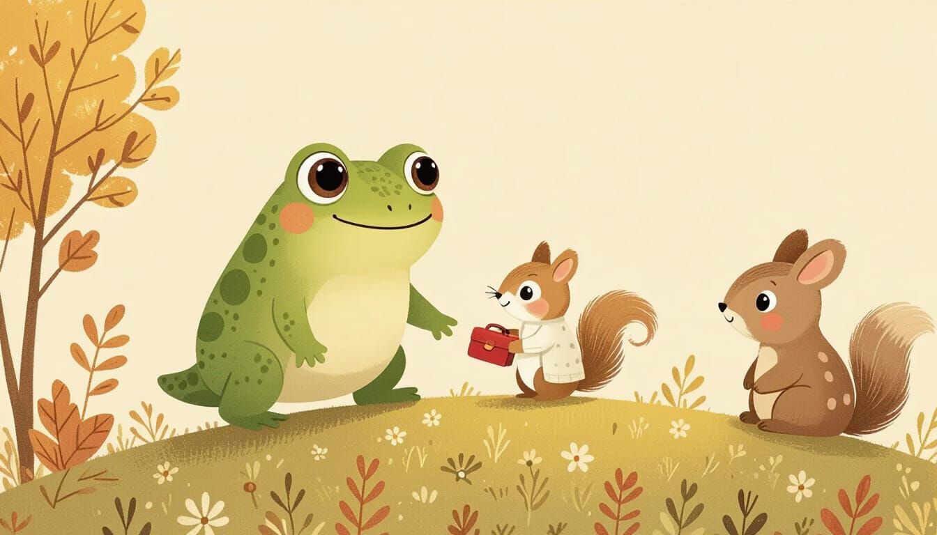 Frog and Squirrel on Cozy Hill in Storybook Style