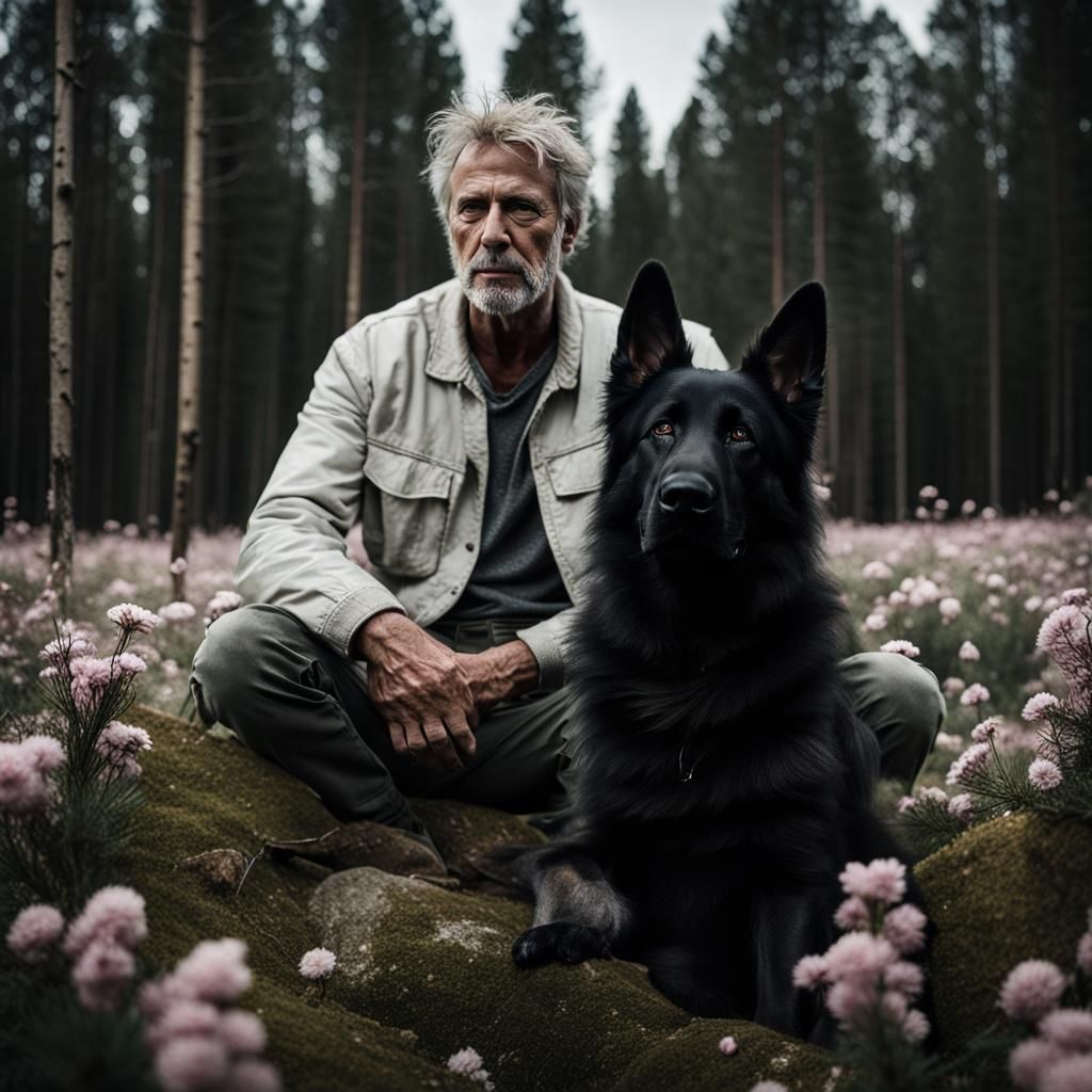 Man and Dog in Flower Field Portrait