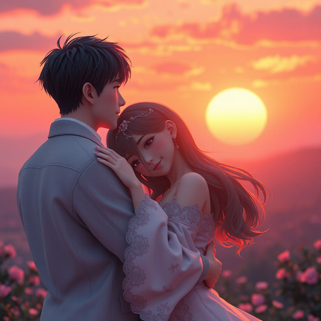 Romantic Sunset Couple in Anime Style