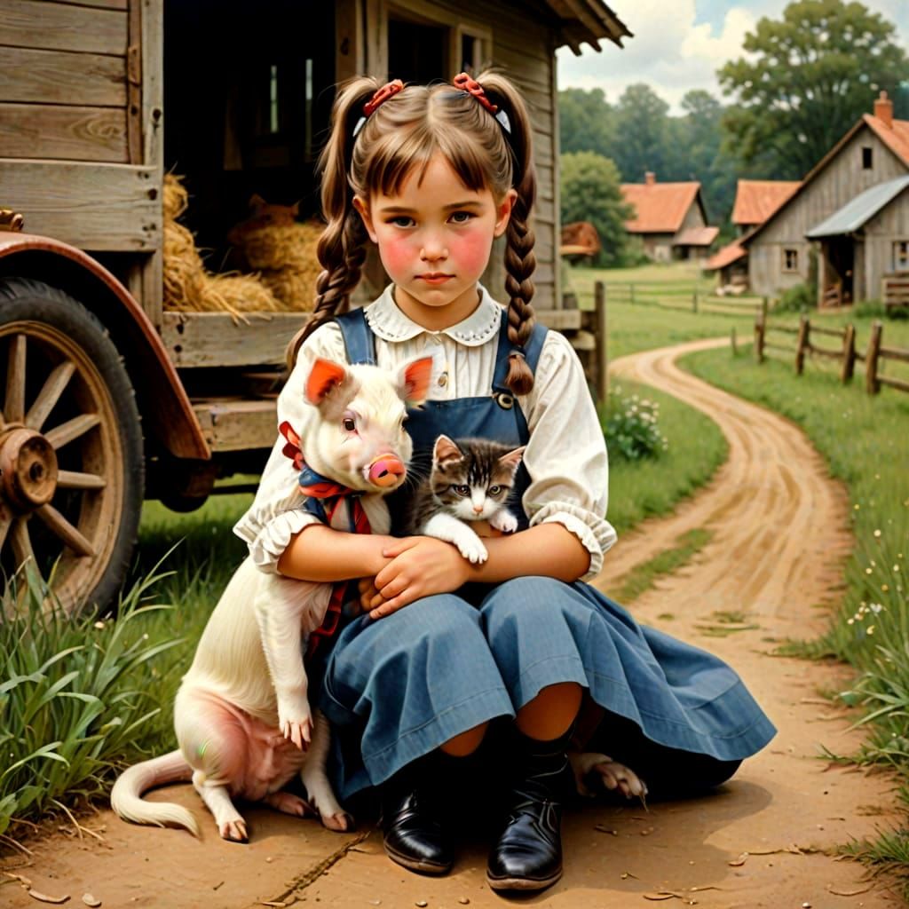 Retro Country Girl with Pigtails and Kitten