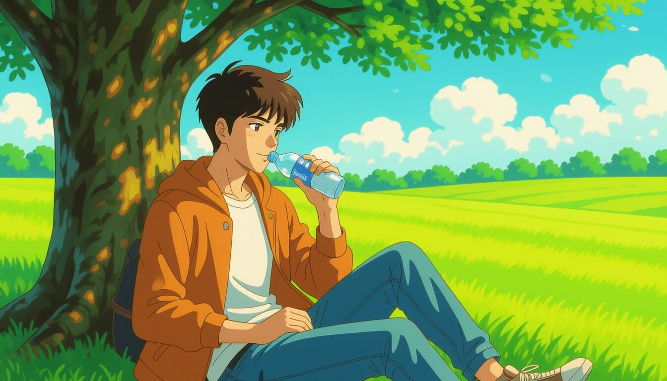 Indian Young Man in Field, Studio Ghibli Style