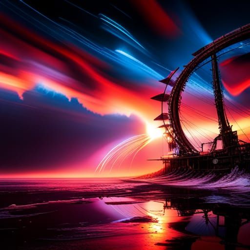 Steampunk Engine Amidst Coastal Electrical Storm