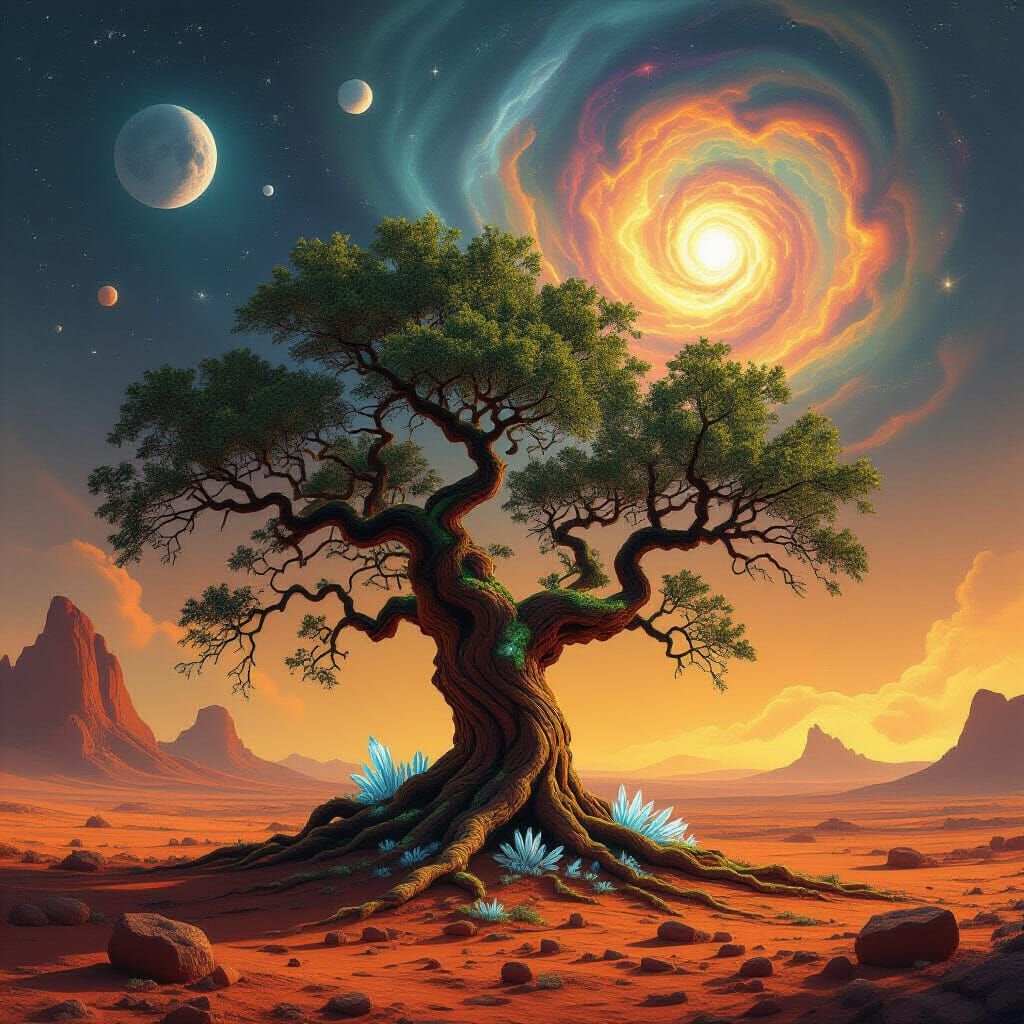 Ancient Oak Tree Under Alien Nebula Sky