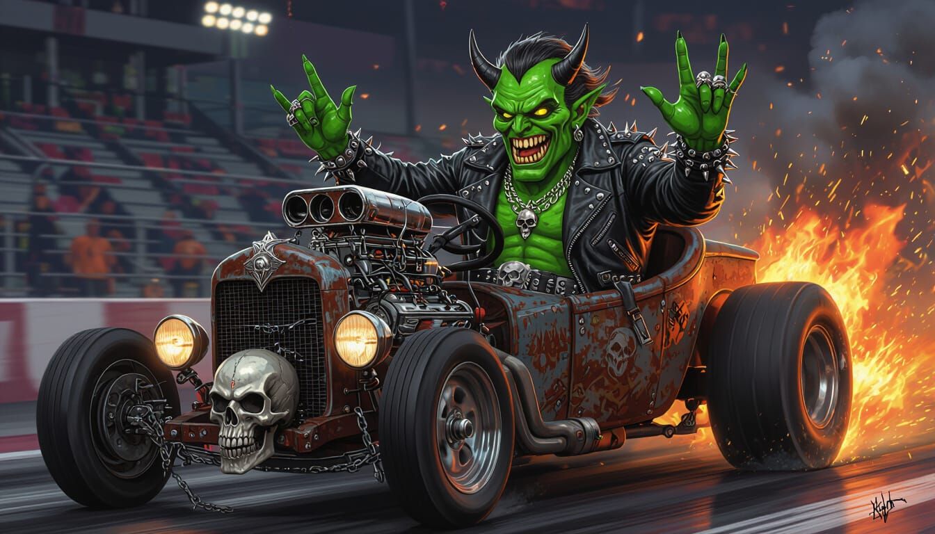 Green Devil in Rat Rod Doing a Burnout