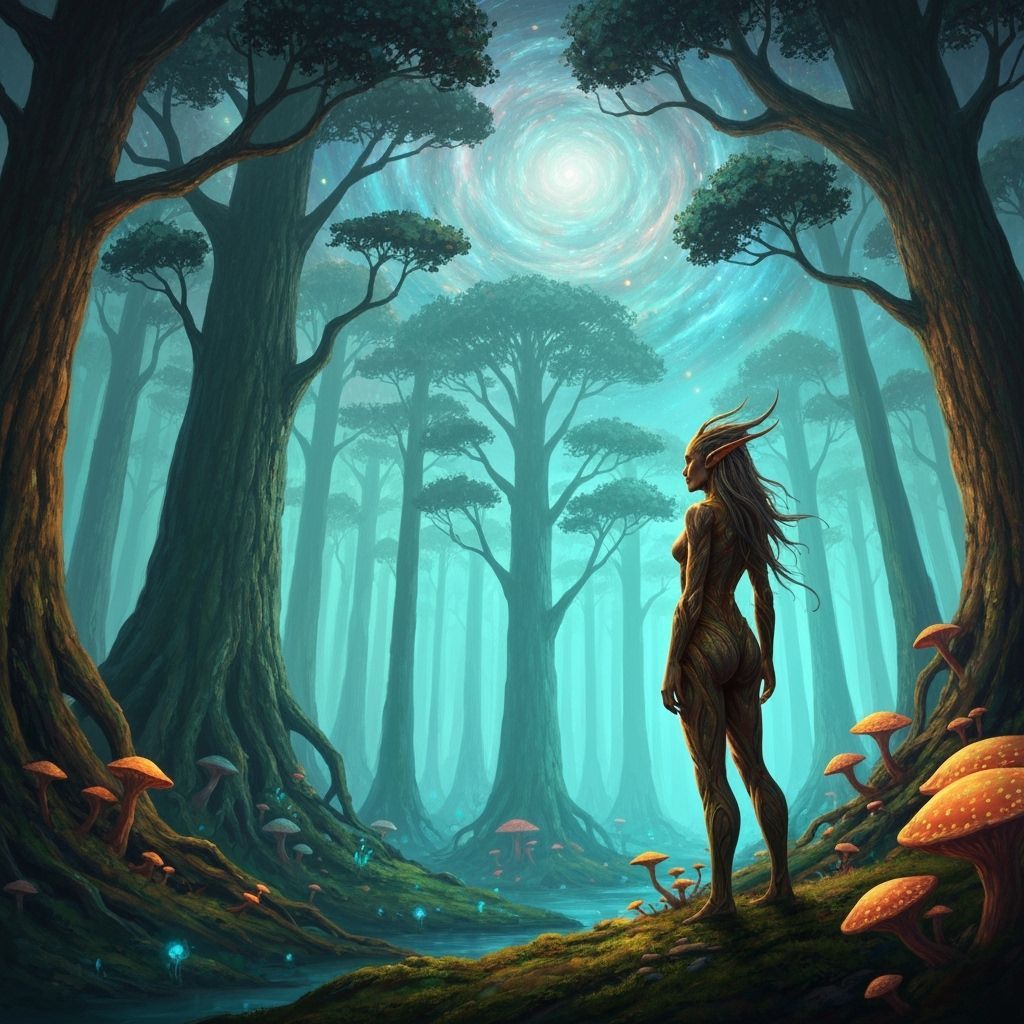 Majestic Elf in Surreal Nebula Forest