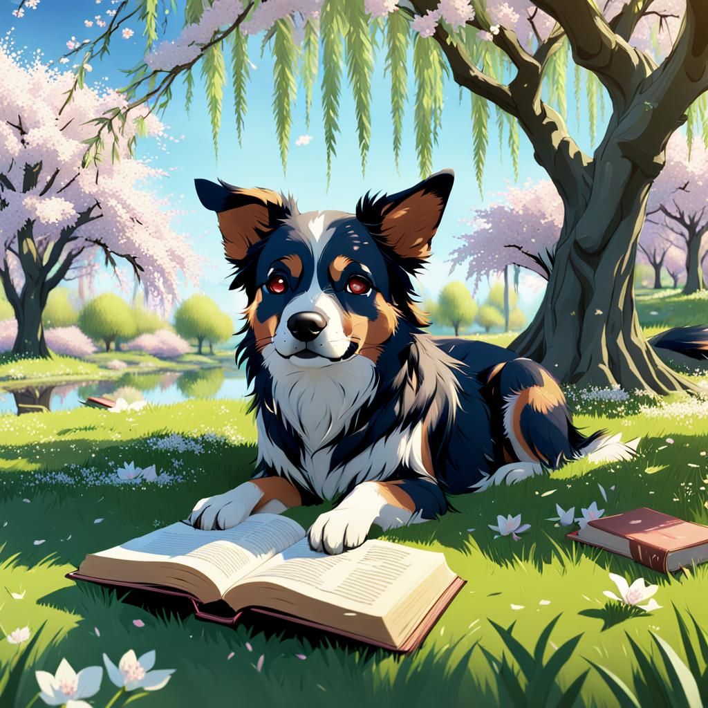 Young dog lying reading a book,under a weeping willow surrou...