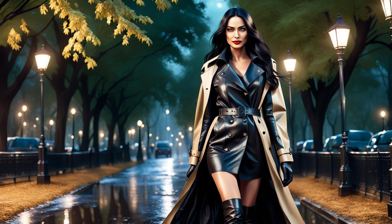 Gorgeous Woman in Park at Night, Hyperrealistic Splash Art