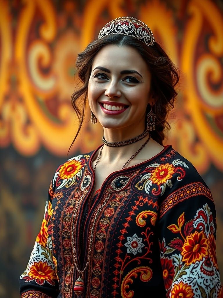 Radiant Russian Nomad in Golden Embroidery