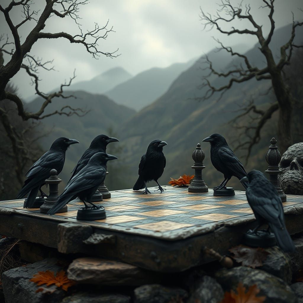 Mysterious Ravens Perch on Ancient Chessboard in Scottish Hi...