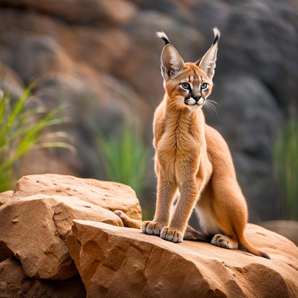 Young Caracal Kitten on Rock with Splash Background