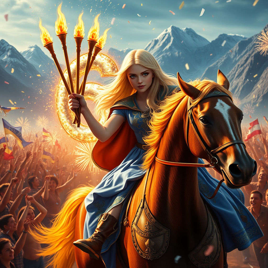 Alice Rides Triumphant Horse Through Cheering Crowd