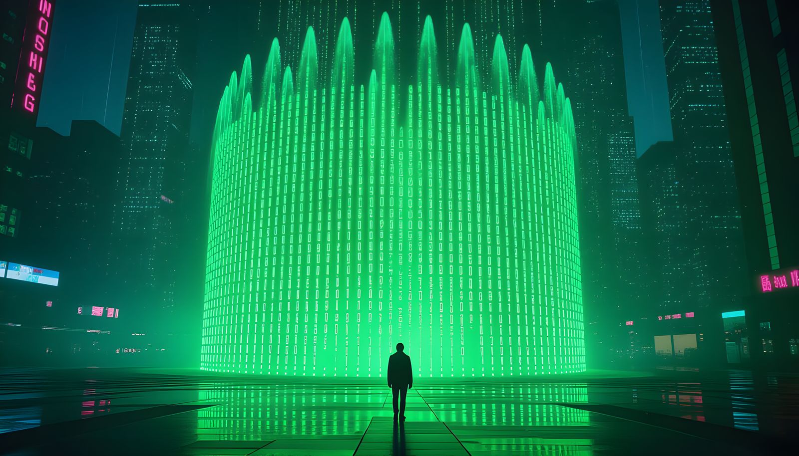 Giant Neon Matrix Code Fountain: Cinematic Still