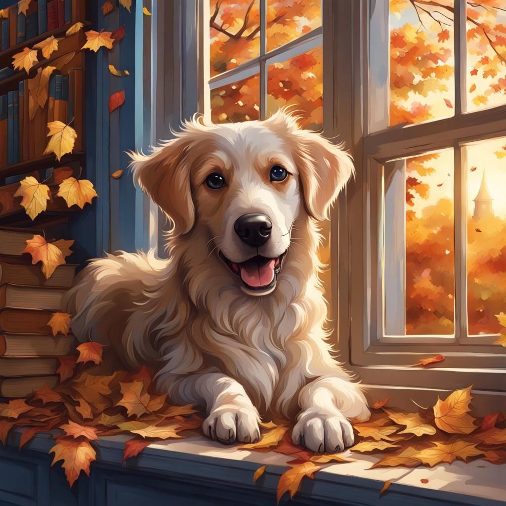 Cute Puppy in Mansion Window at Golden Hour