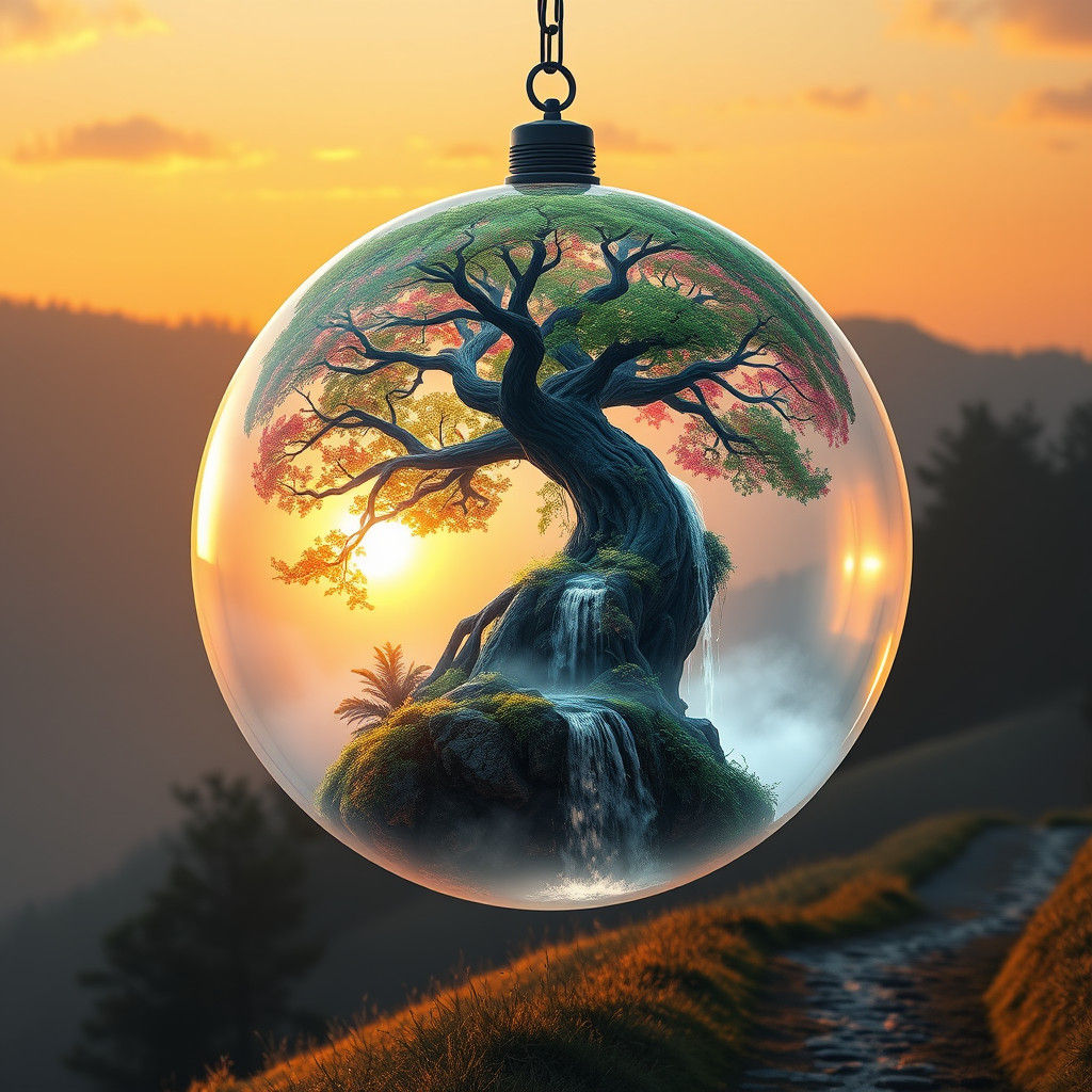 Luminous Glass Orb Reveals Surreal Tree and Waterfall