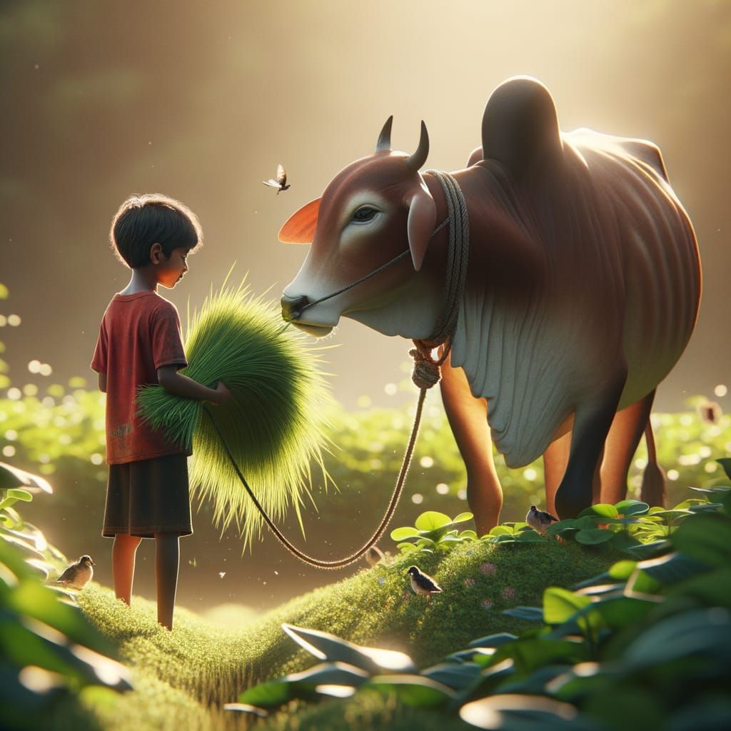 Bengali Boy Feeds Cow in Hyper-Realistic Countryside