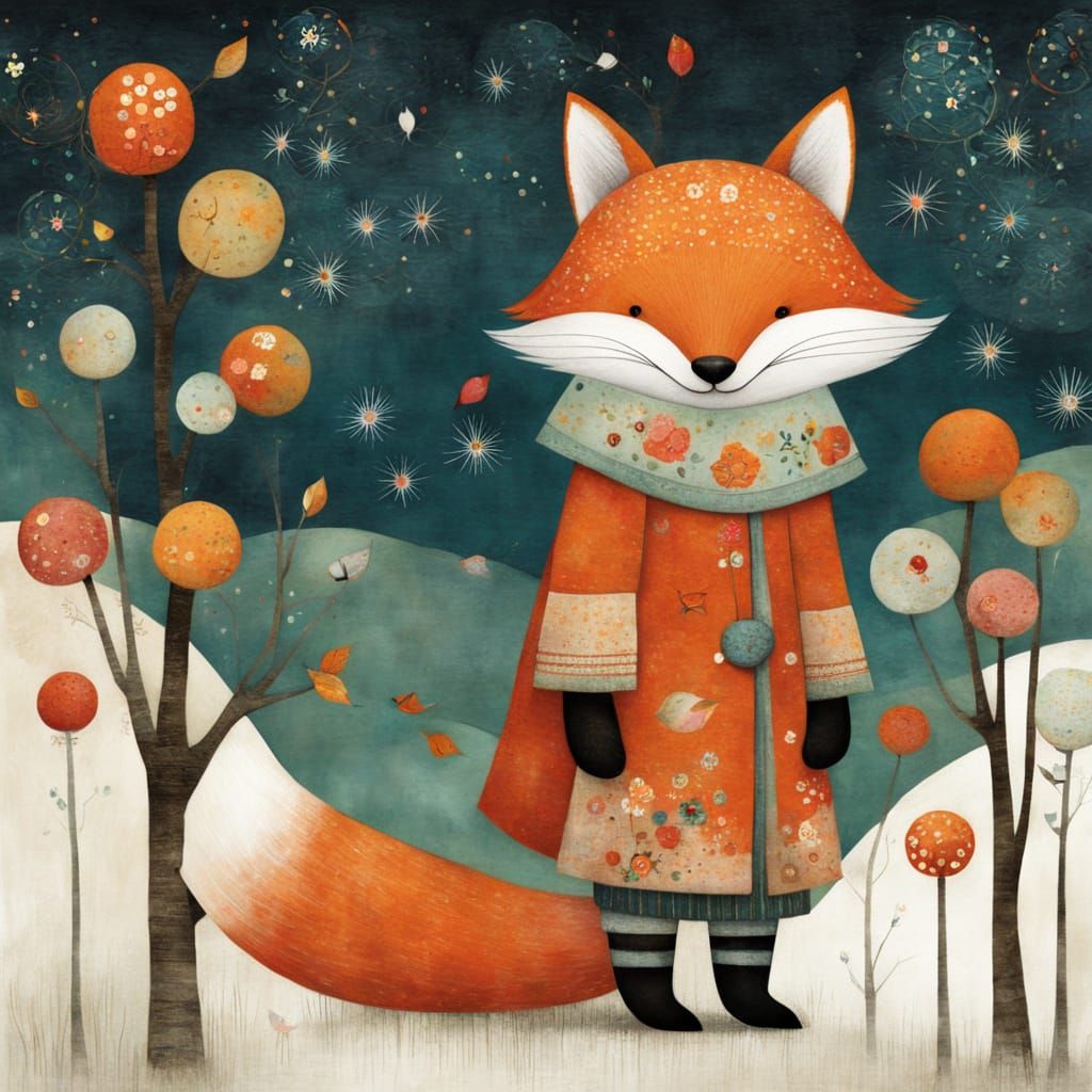 Cute Fox in Whimsical Folk Art Illustration
