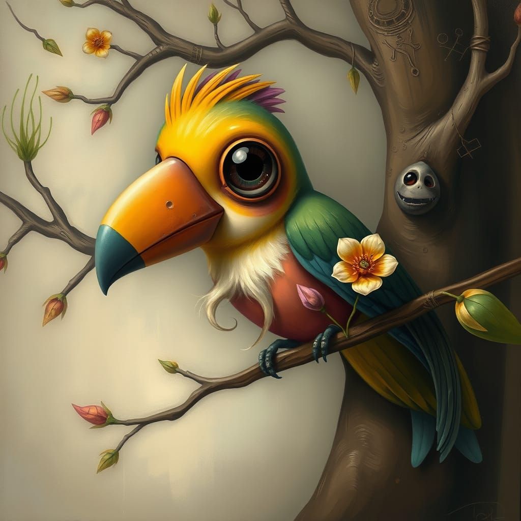 Colorful Bird in Tree: Surreal Whimsical Painting