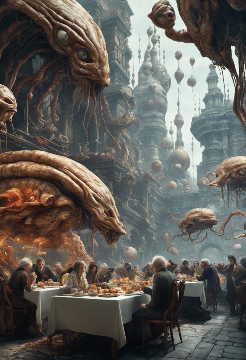 Bizarre Alien Feast in Hyperrealistic Style