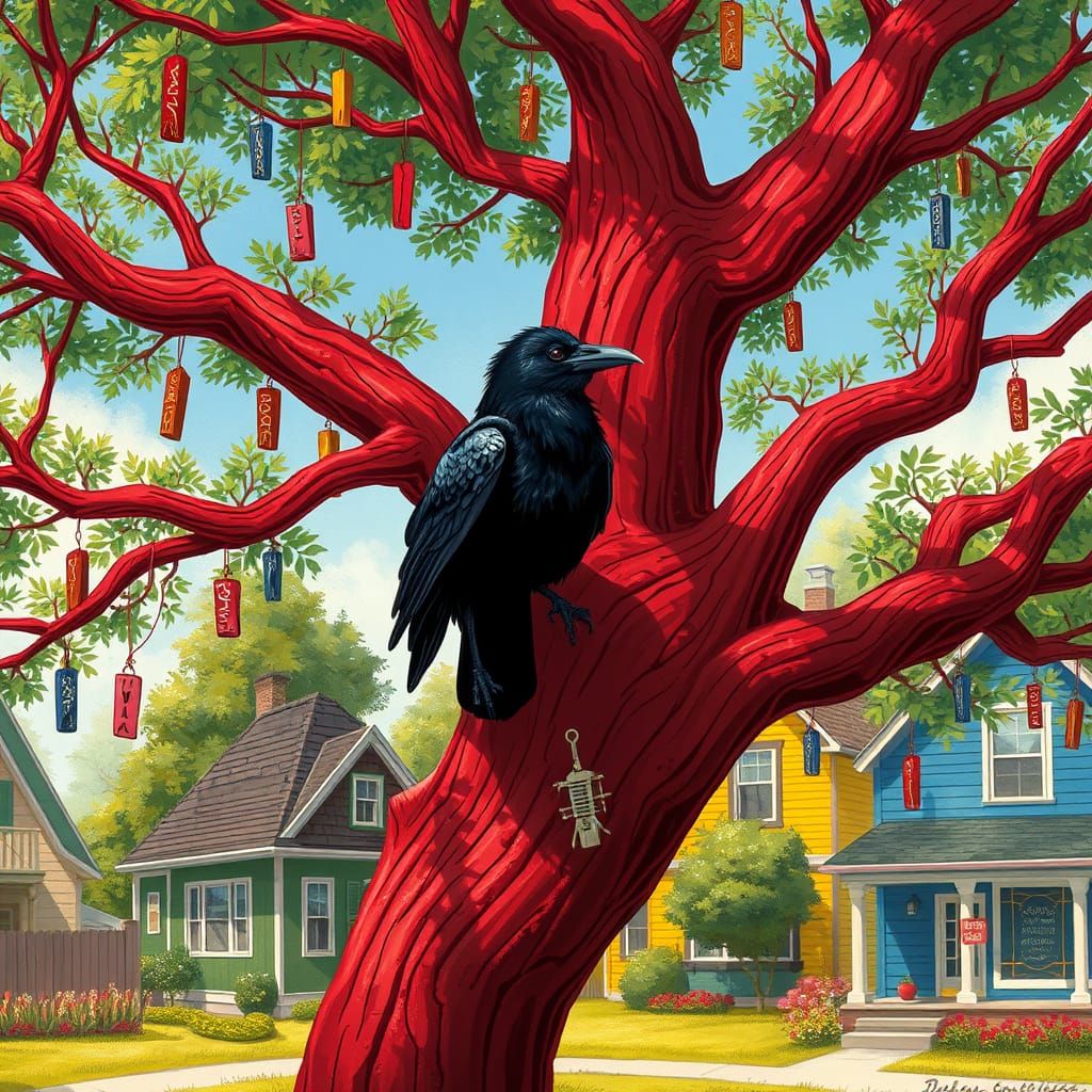 Majestic Black Crow Surrounded by Colorful Wishes in a Quain...