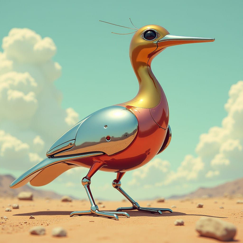 Metallische Kolibri Figur in Retro-Futuristischem Stil