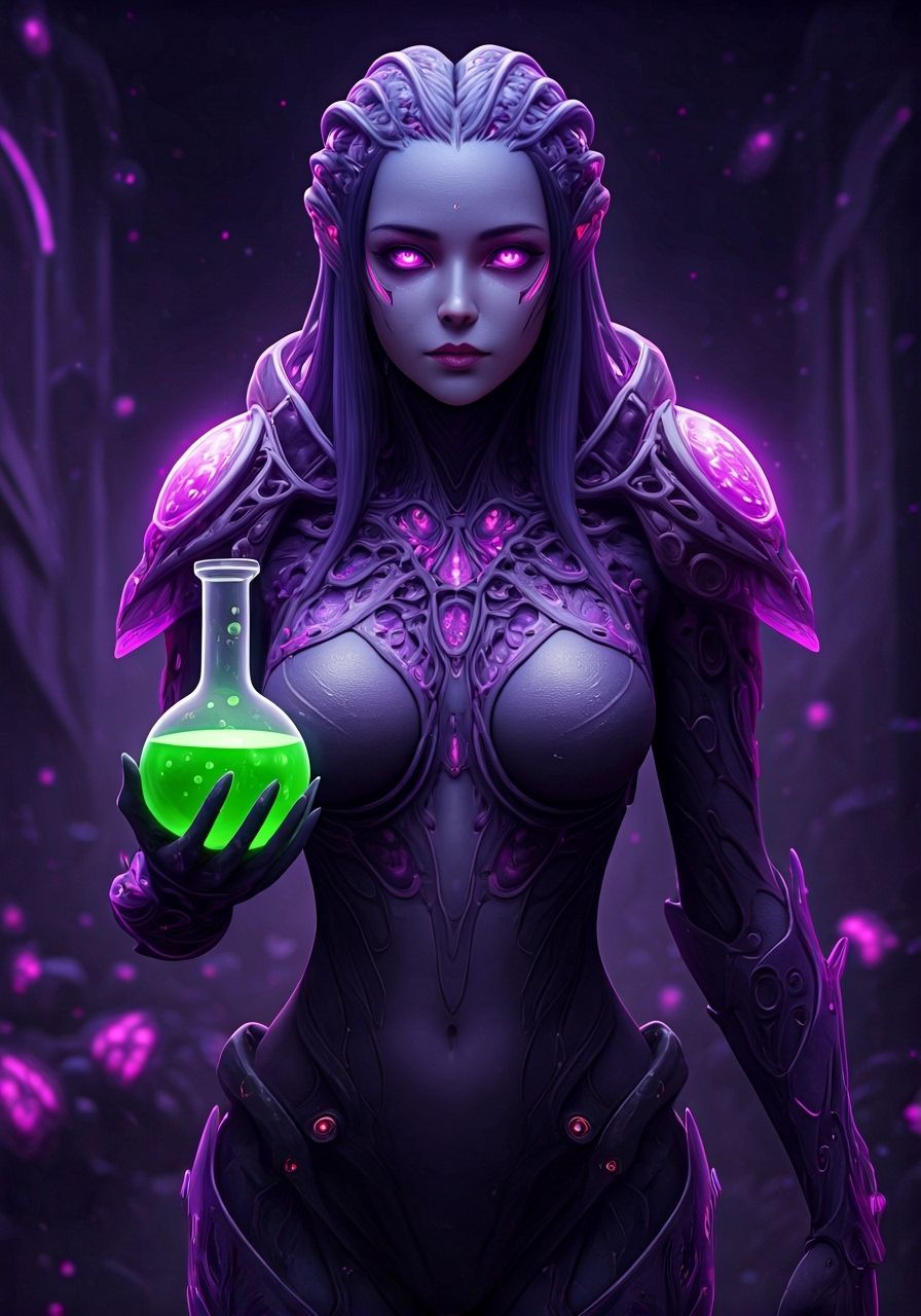 Bioluminescent Alien Warrior in Biomechanical Hive City