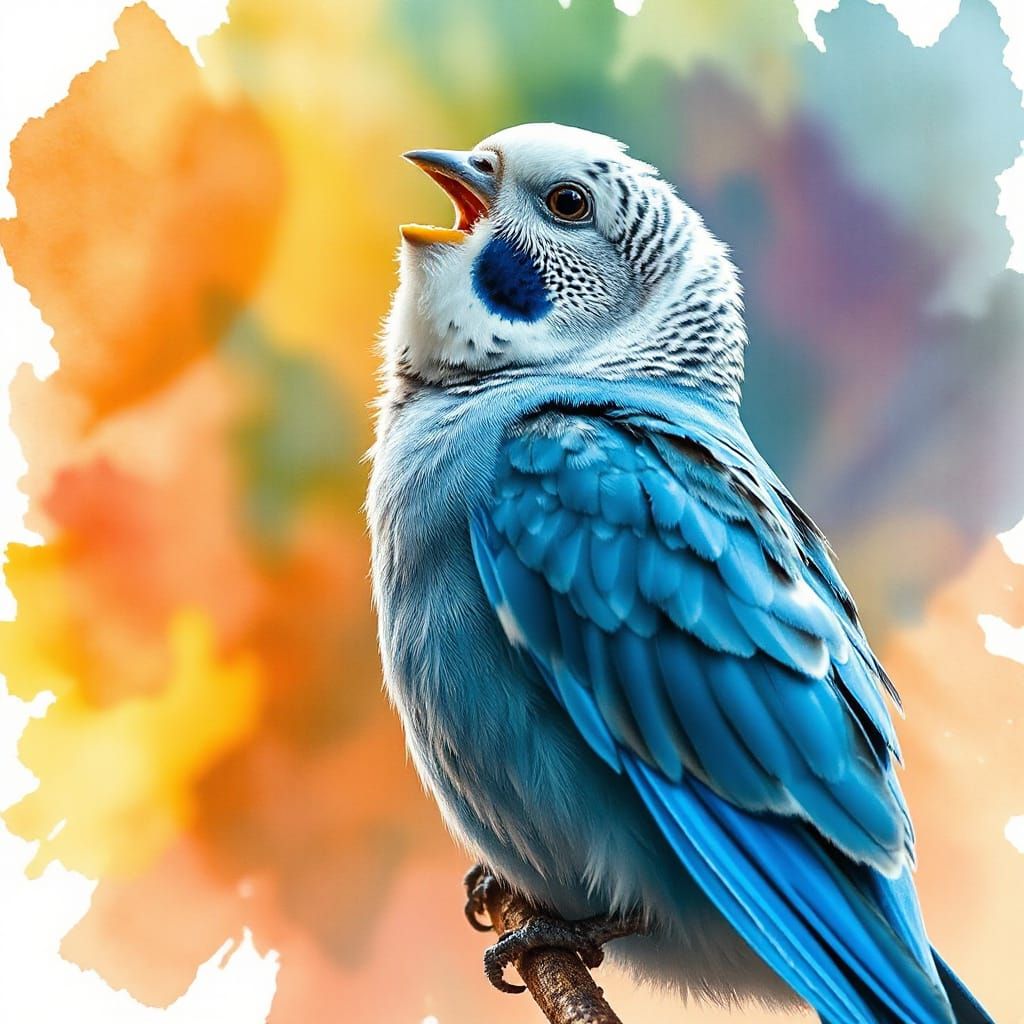 Adorable Blue Budgie Singing a Watercolor Song