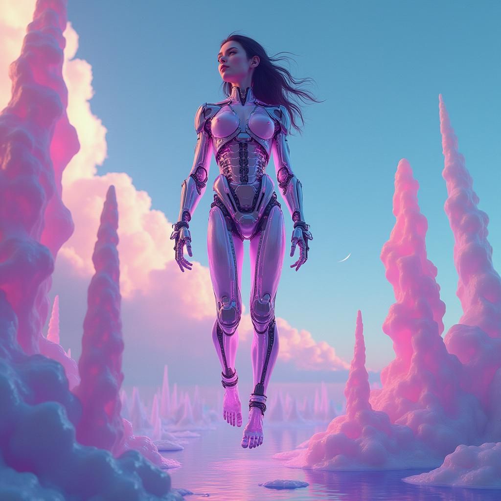 Teenage Cyborg Girl in a Dreamlike Landscape