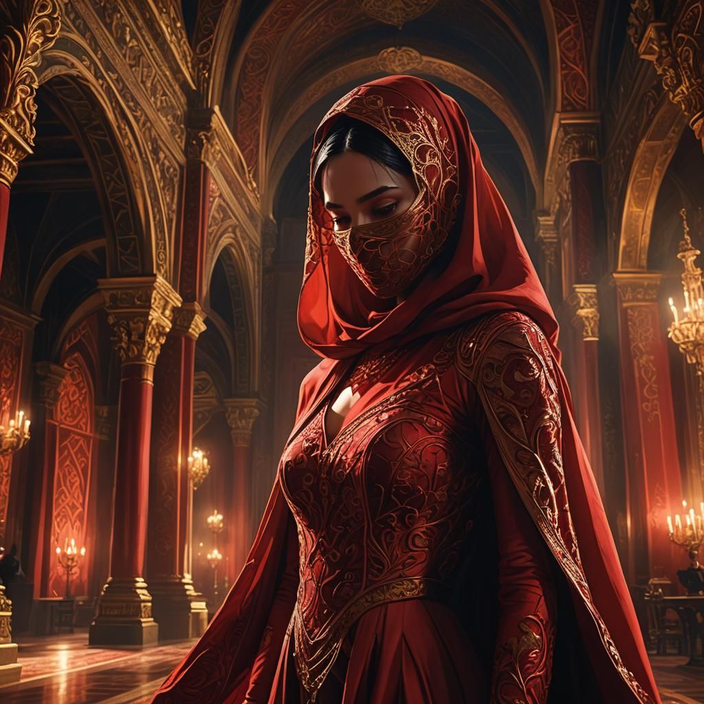 Mysterious Woman in Red Veil in Grand Hall