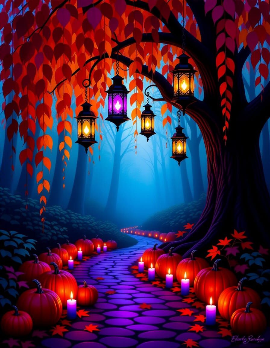Enchanted Willow Tree with Glowing Lanterns and Pumpkins