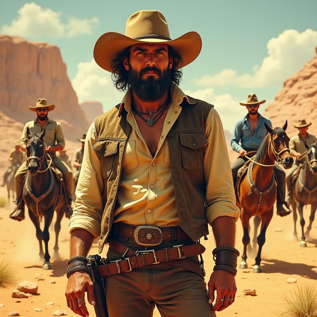 Charming Bandit Leader in Desert, Frazetta Style