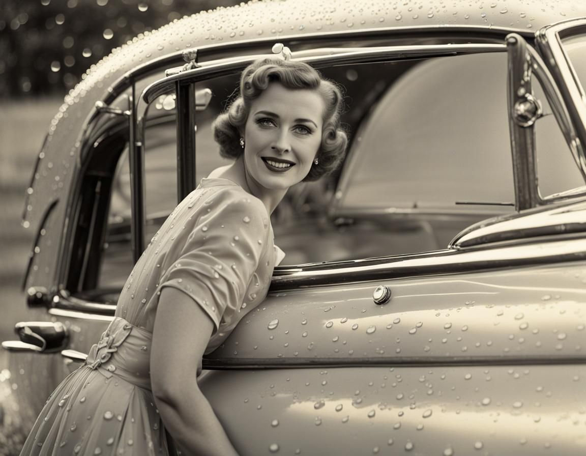 1950s Woman and Classic Car with Dew Drops