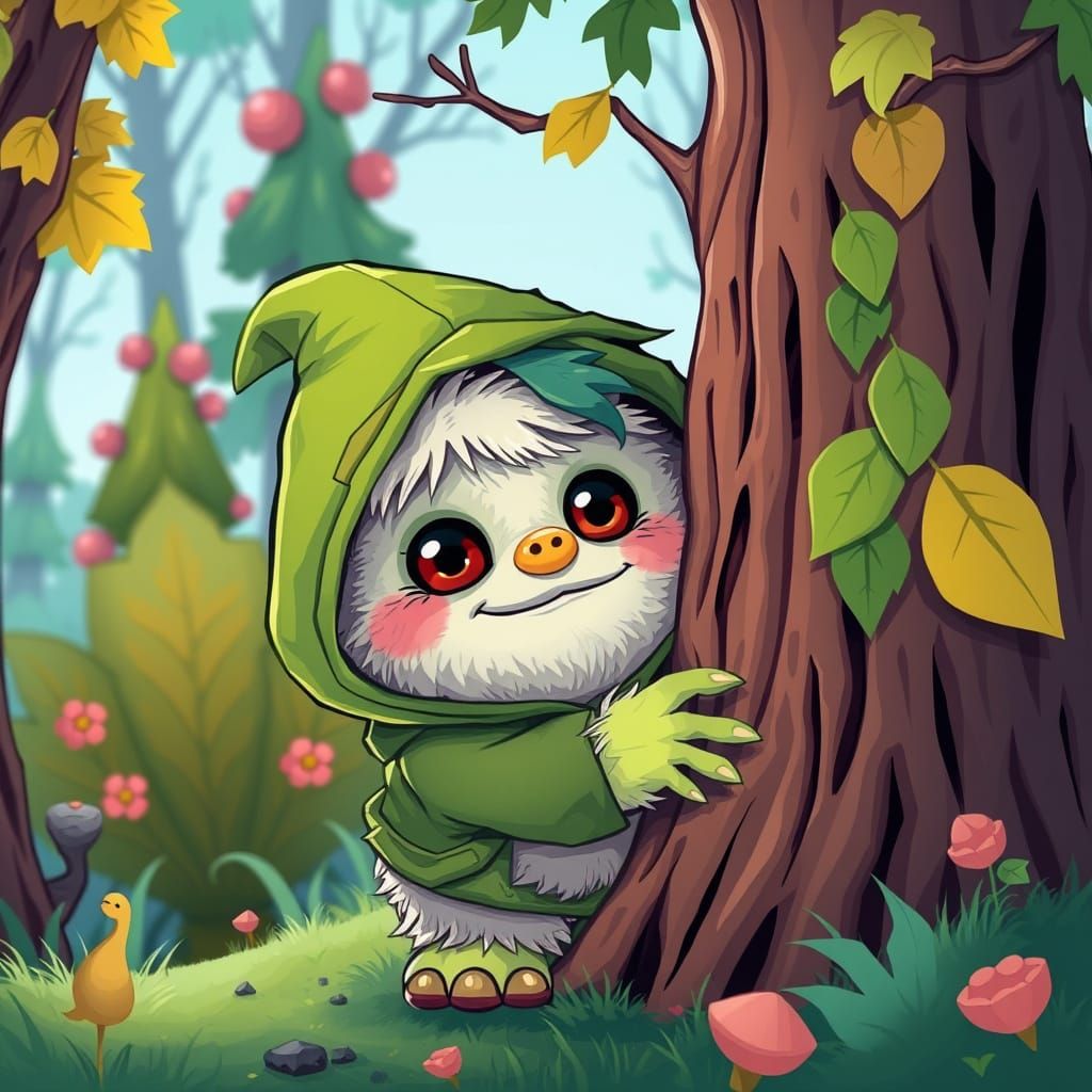 Cute Monster in Forest, Storybook Comic Art