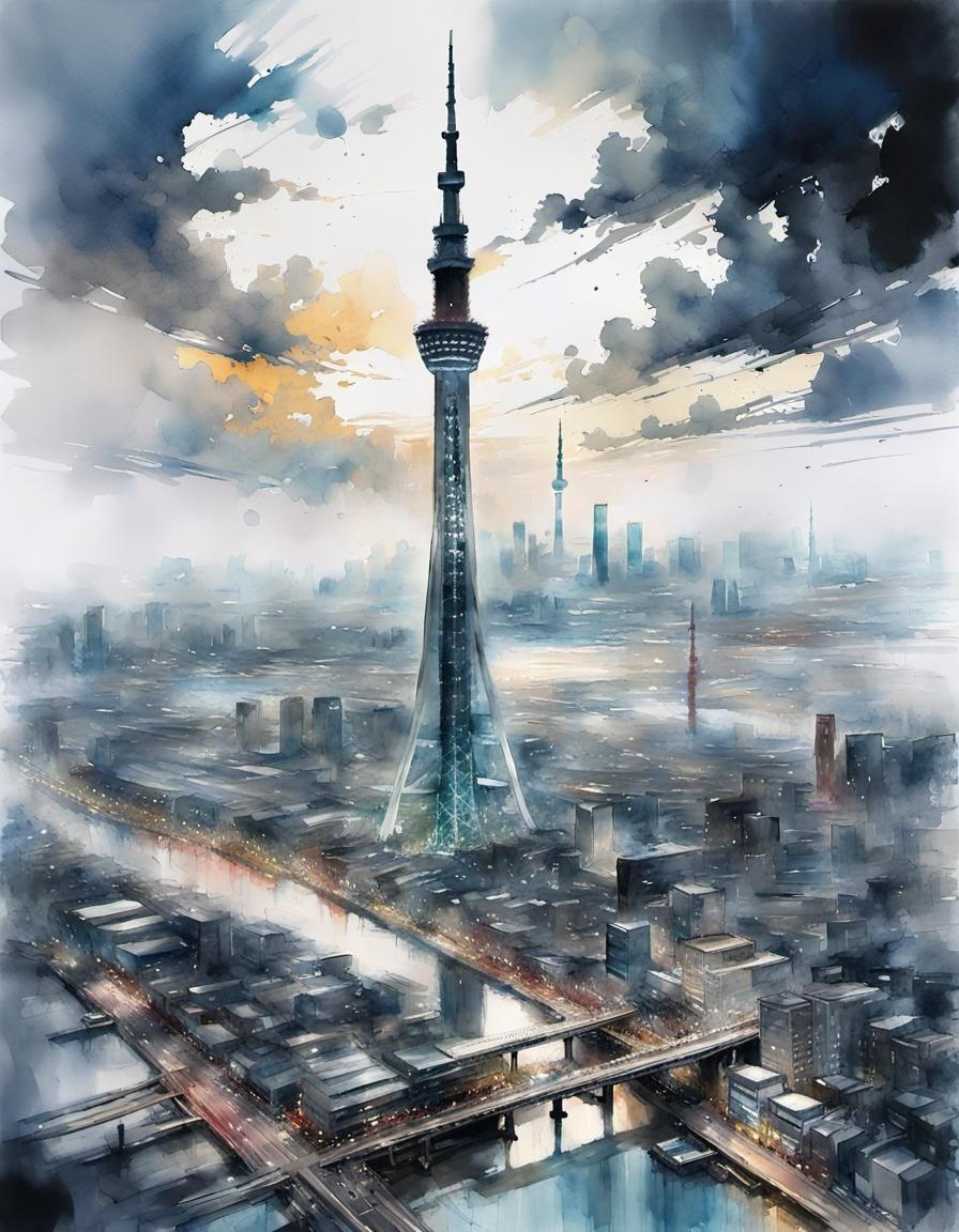 Tokyo Skytree: Watercolor and Oil Painting Masterpiece