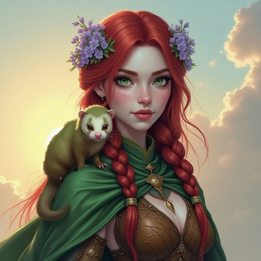 Ethereal Aasimar Ranger with Blooming Hair and Furry Compani...