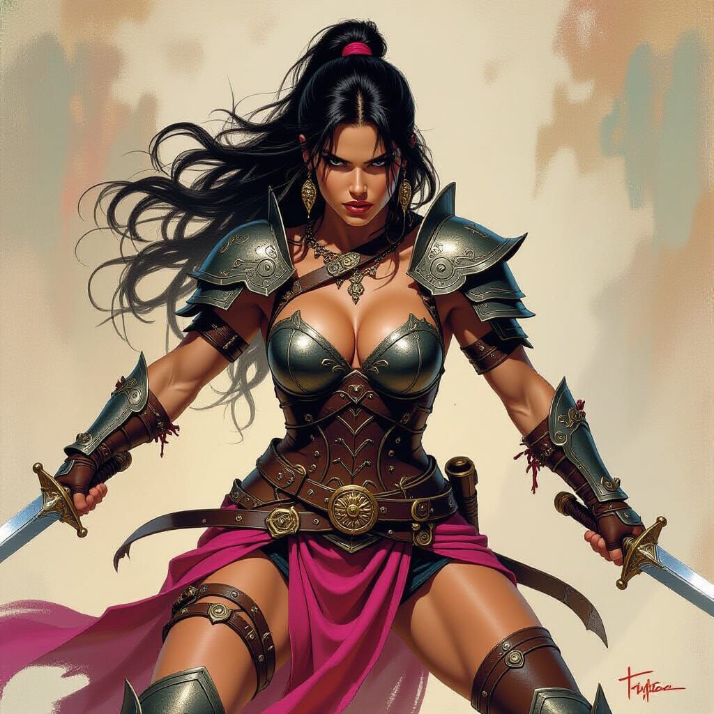 Frenzied Female Warrior in Tattered Armor, Dynamic Style